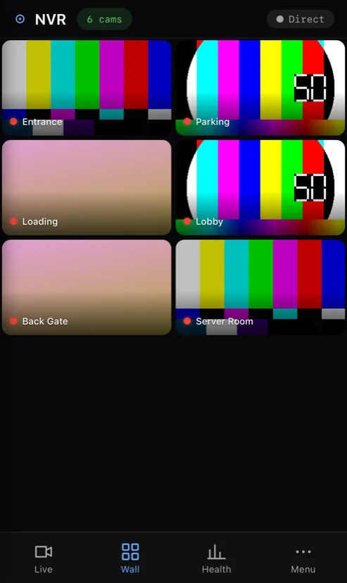 NVR on a phone: camera wall with six live tiles and the bottom tab bar